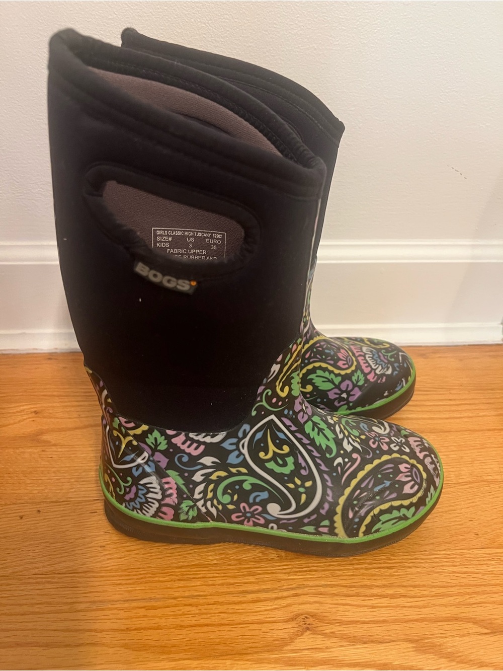 Bogs Kids Black Paisley Rain winter snow Boots with Green Trim